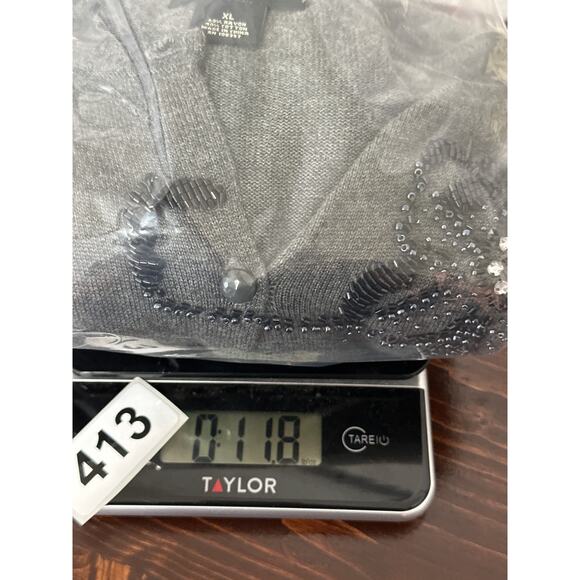 VTG Peck & Peck Cardigan Sweater XL Grey Beaded Floral Coquette Fairy Goth - Picture 11 of 11